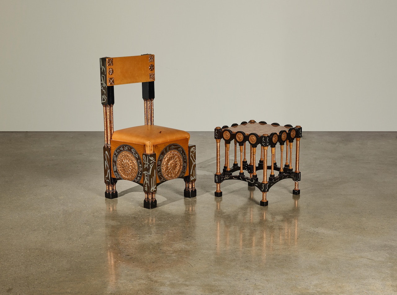Leather Side Chair and Side Table by Carlo Bugatti