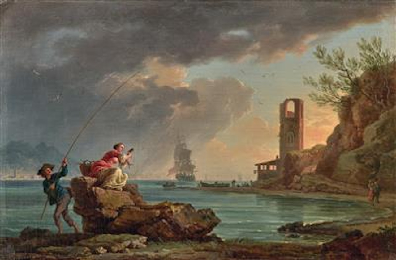 Figures fishing on a shore in a Mediterranean coastal landscape by Claude Joseph Vernet