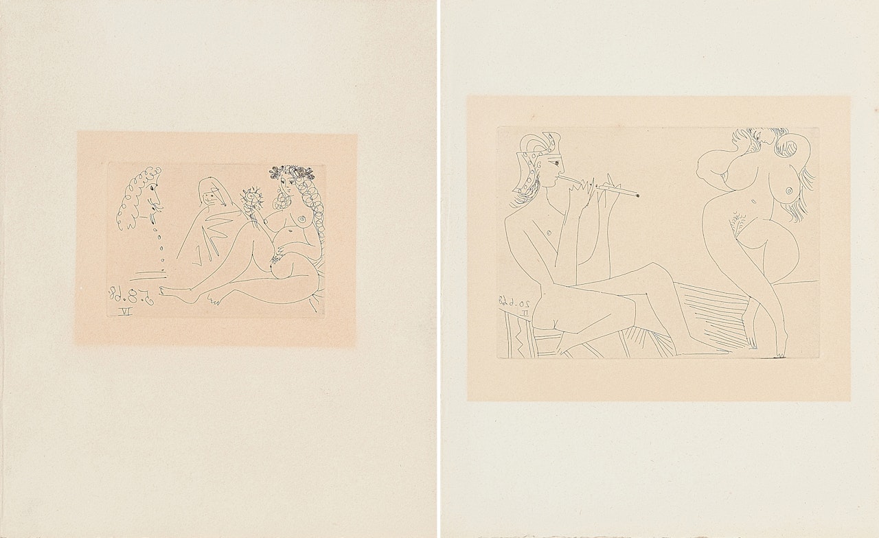 From: La Célestine. a) Femme Blonde à la Fleur, Célestine et Mousquetaire. b) Flûtiste grec et Danseuese. by Pablo Picasso