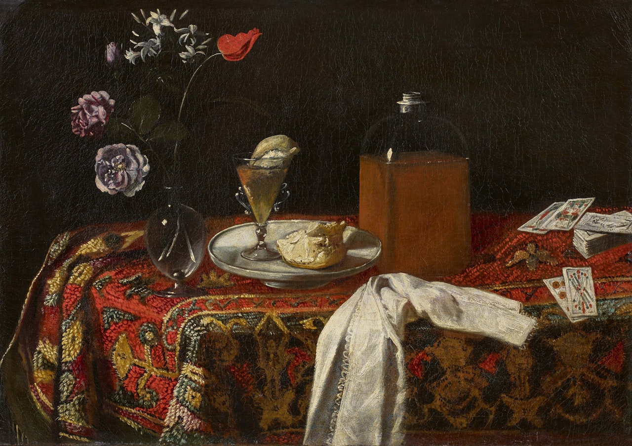 Magnificent Still Life with Flowers, Playing Cards and Liqueur by Pier Francesco Cittadini