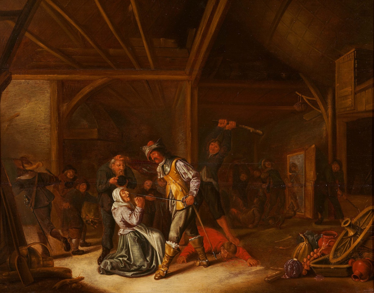 Dutch Interior with Soldiers Raiding a Peasant Family by Dutch School