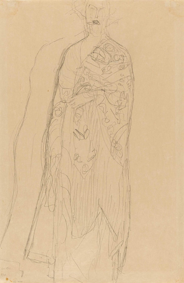 Bildnis Paula Zuckerkandl. Mit Umhang stehend von vorne, Wiederholung des Umrisses der linken Seite by Gustav Klimt