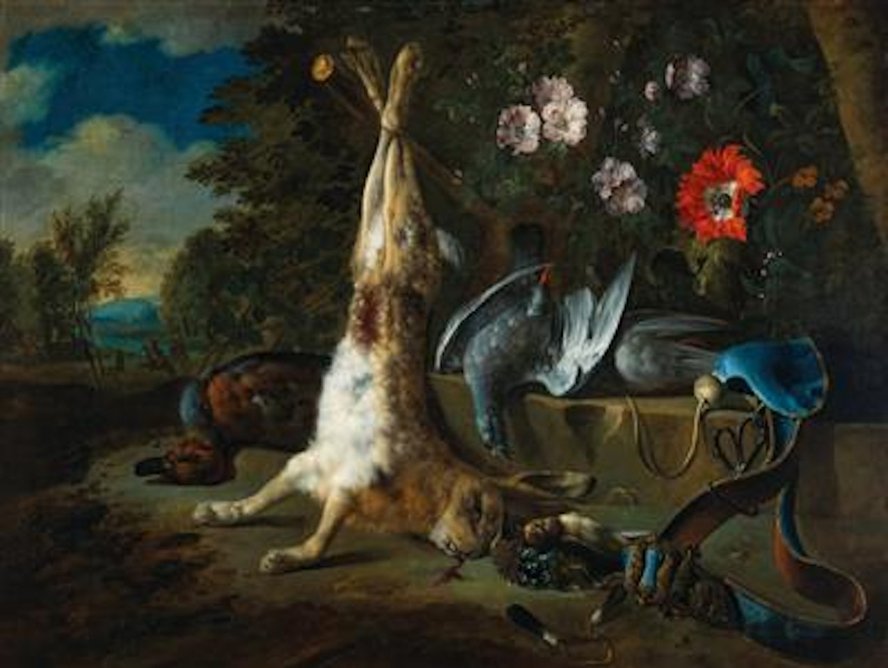 Game on a stone ledge with flowers by Jan Weenix