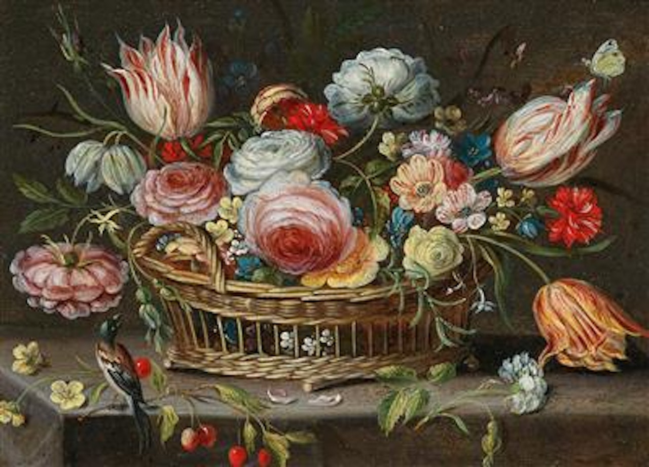 A basket with flowers, a bird and a butterfly nearby by Jan Van Kessel The Elder