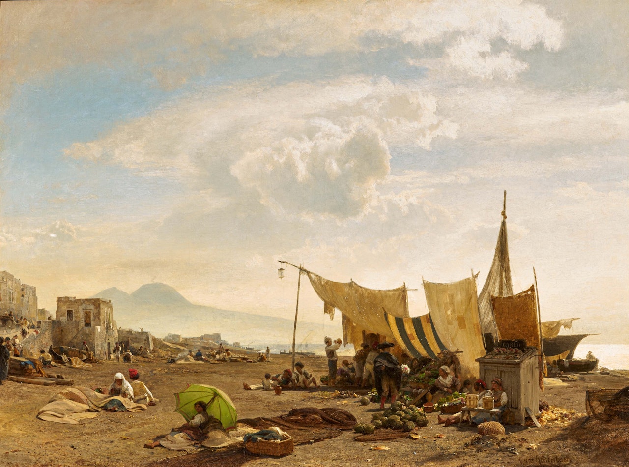 Market Stands on the Beach in front of Naples. by Oswald Achenbach