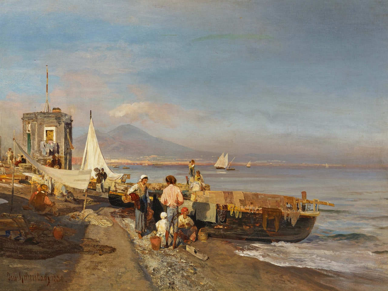 Washerwomen on Beach outside Naples. by Oswald Achenbach