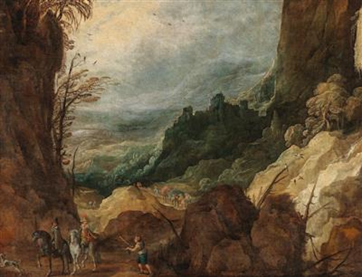 A mountainous landscape with travellers by Joos de Momper the Younger