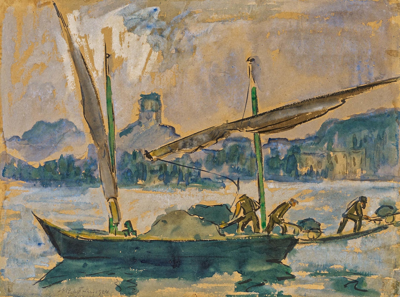 Lastenbarge auf Genfer See. by Max Pechstein