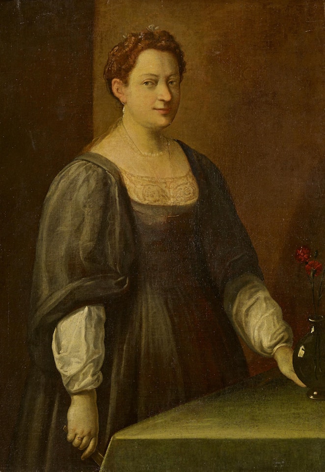 Portrait of a Lady. Three-quarter figure at the table with a bouquet of carnations by Florentine School
