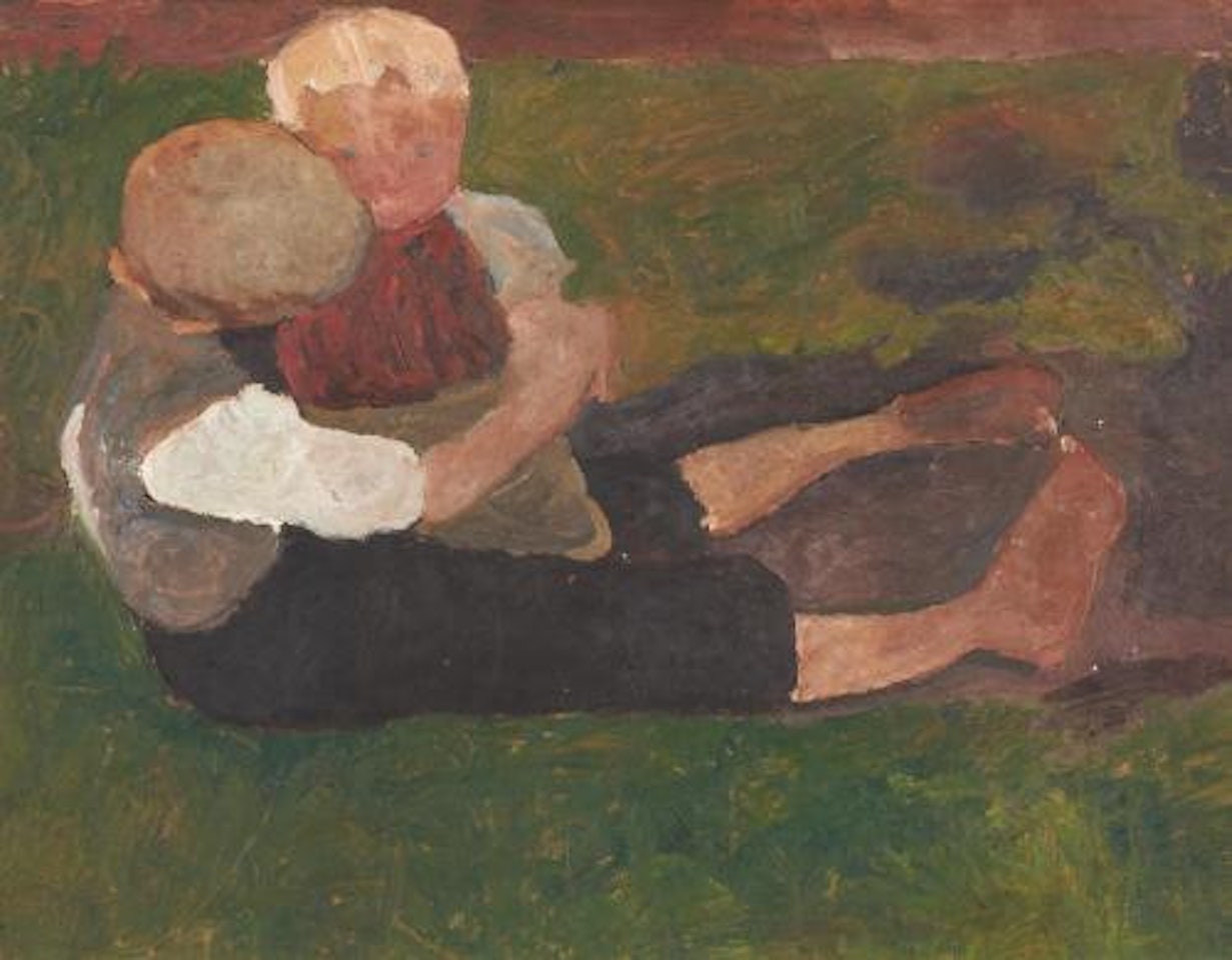 Sitzender Junge mit Mädchen auf dem Schoß. by Paula Modersohn-Becker
