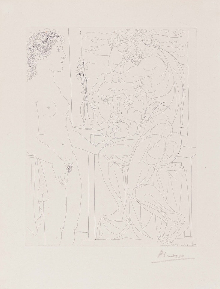 Femme laide devant la Sculpture d"une Marie-Thérèse athlétique appuyée sur un Autoportrait du Sculpteur by Pablo Picasso