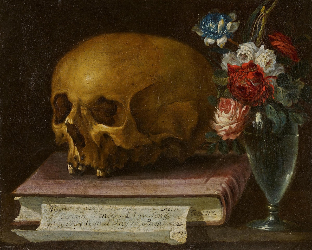Vanitas Still Life. Next to a flower bouquet a skull on top of a book by French School