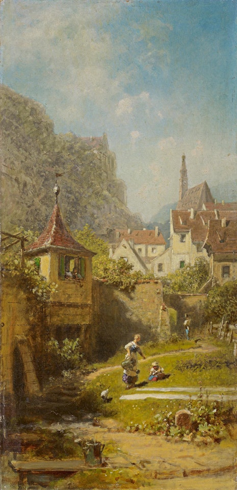 Washing Place in front of the Town. Laundry bleach in Merano with the Küchelberg in the background by Carl Spitzweg