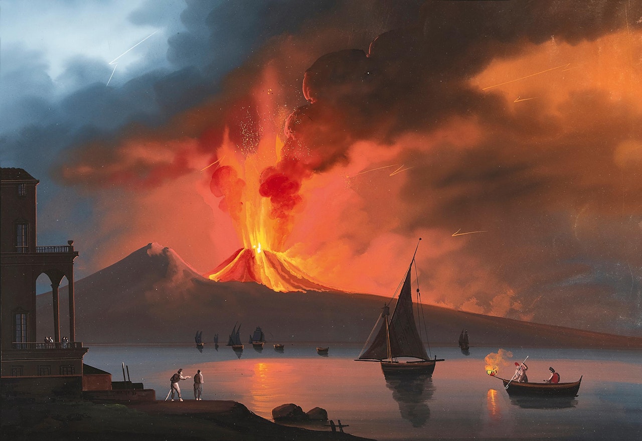 Pair of Neapolitan views, 1. "Eruzione del 1822". 2. Blue Grotto of Capri by Neapolitan School