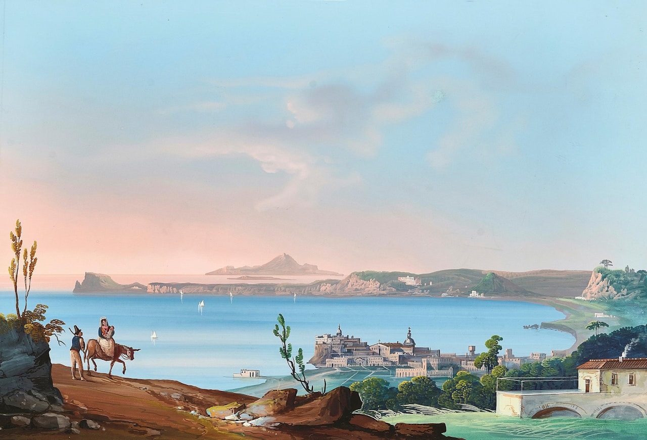 Pair of Neapolitan views, 1 View of the island of Ischia 2 Eruption of Vesuvius by Neapolitan School