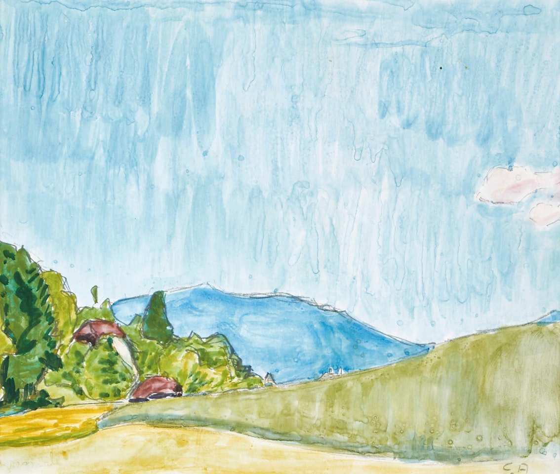 Farm with a view of a blue hill by Cuno Amiet