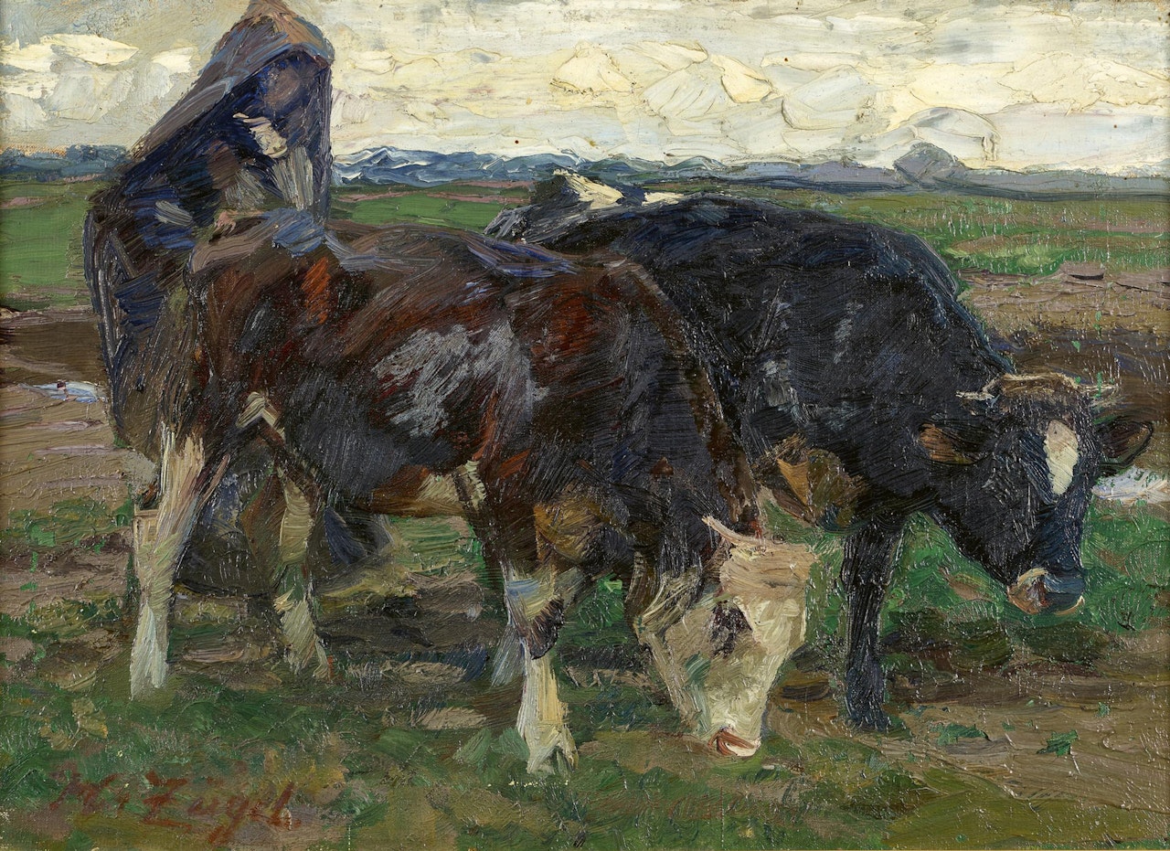Shepherd with cows in the field by Heinrich von Zugel
