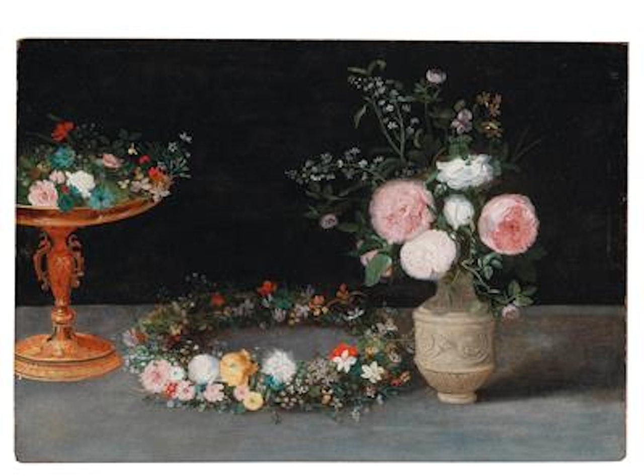 Flowers on a table, with a gilded tazza, a wreath and a vase by Jan Brueghel the Younger