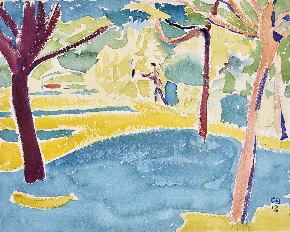 Orchard with artist at the easel by Cuno Amiet