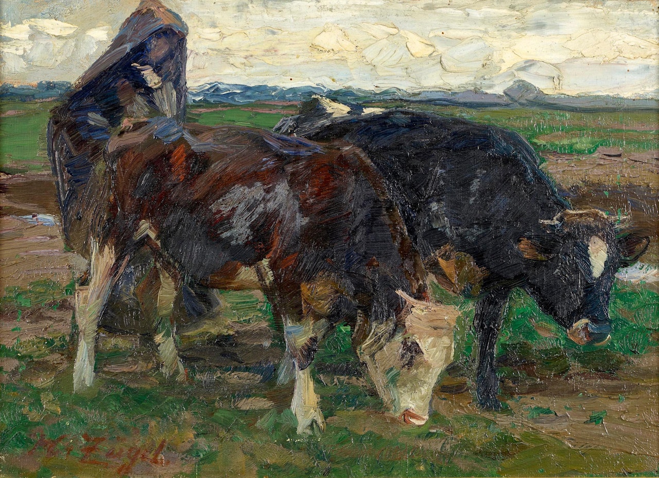 Shepherd with cows in the field by Heinrich von Zugel