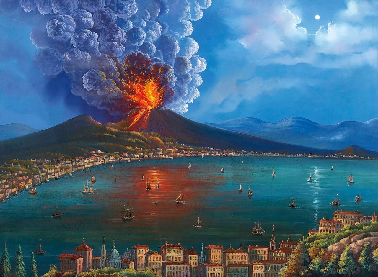 Gulf of Naples at night with fire-breathing Vesuvius by Neapolitan School