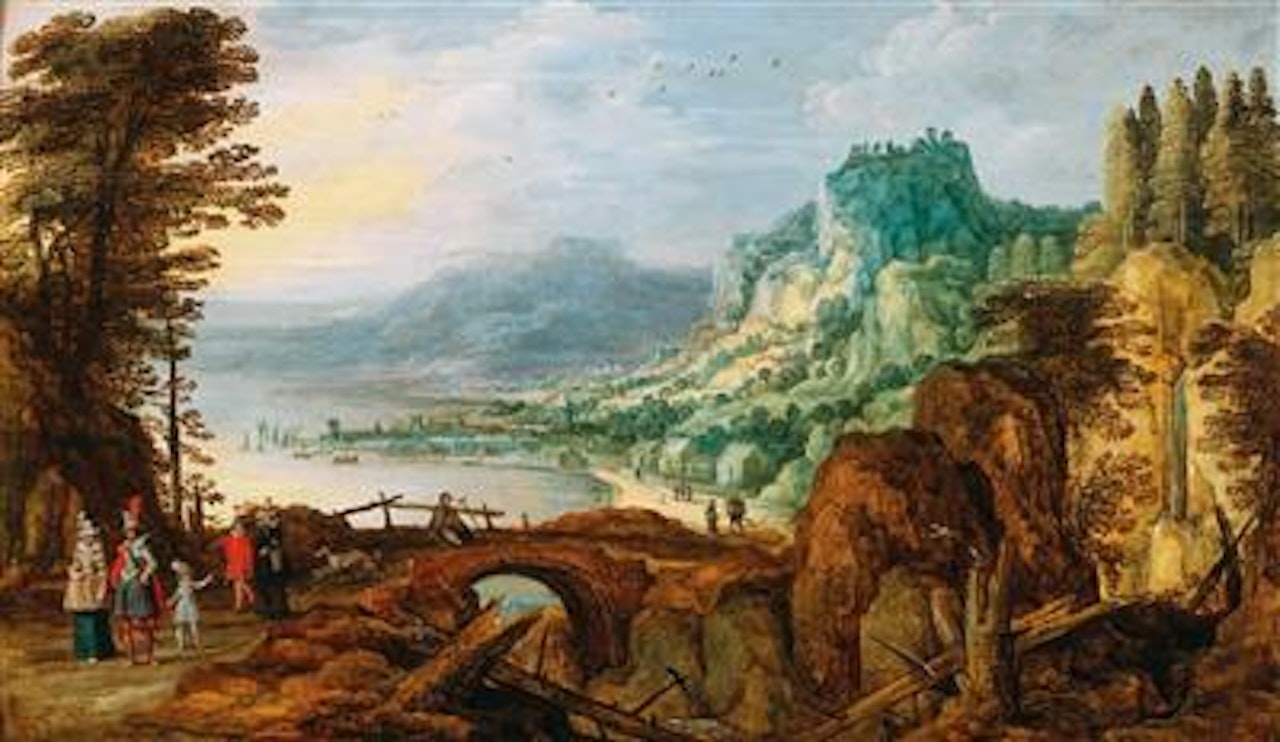 An extensive river landscape with elegant figures near a bridge by Joos de Momper the Younger