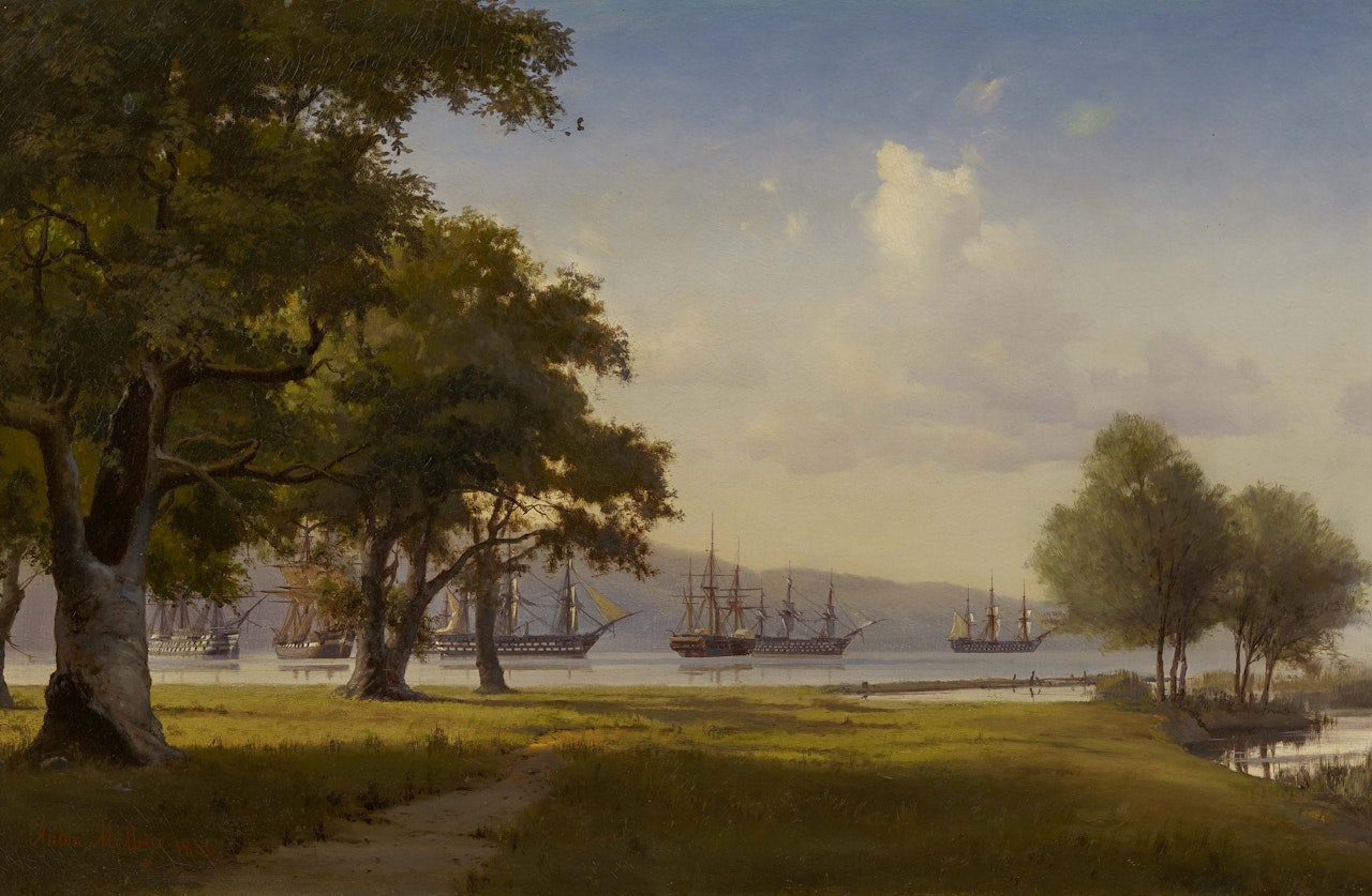 Anchored Fleet in a Bay of the Sea. by Anton Melbye