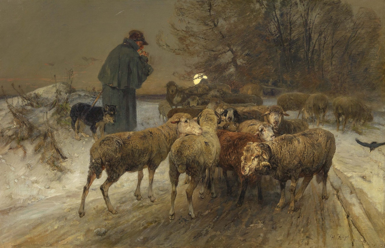 Winter Evening with Shepherd and his Flock at the Edge of the Forest by Heinrich von Zugel