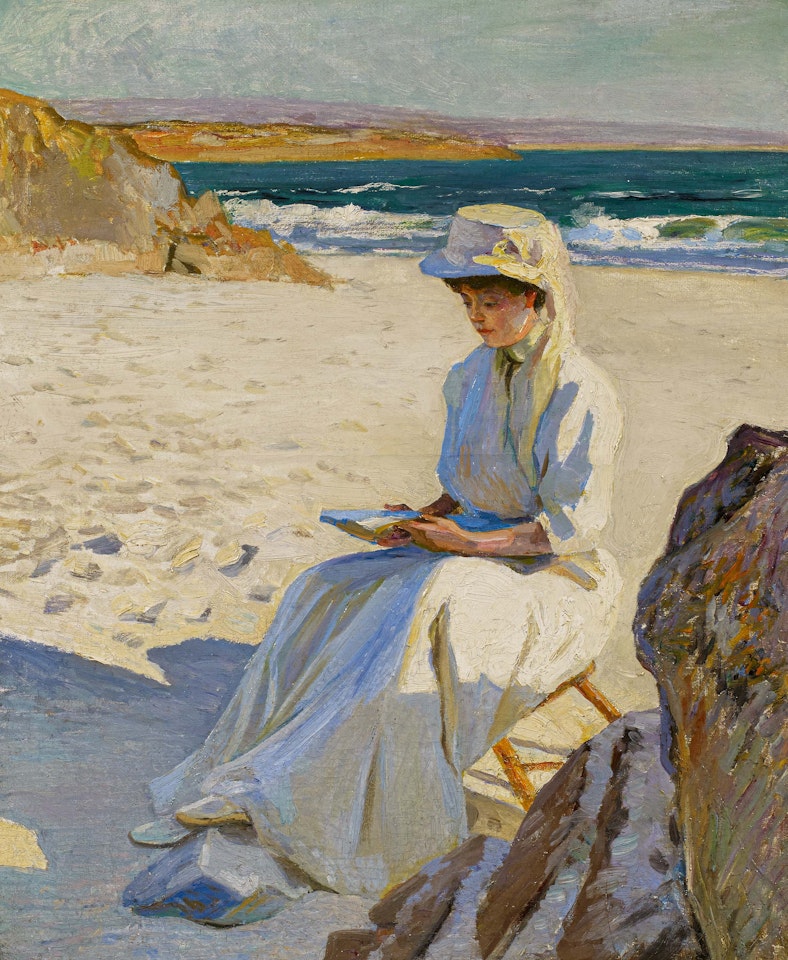 Young woman in a white summer dress on the beach by French School