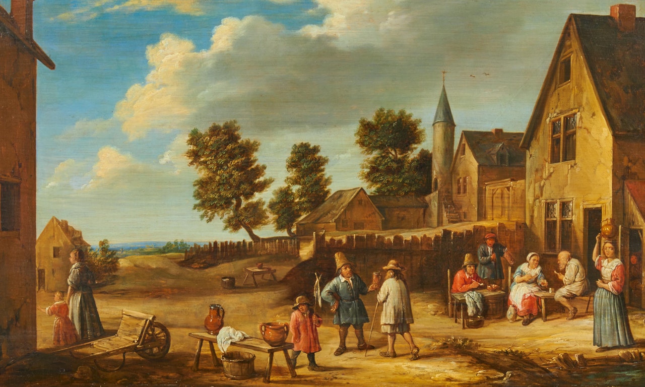 Dutch Village with People in Front of the Tavern by Dutch School