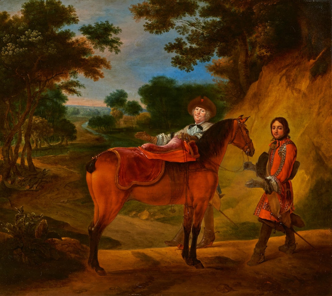 A Distinguished Rider with Horse Keeper in a Wide Forest Landscape by German School