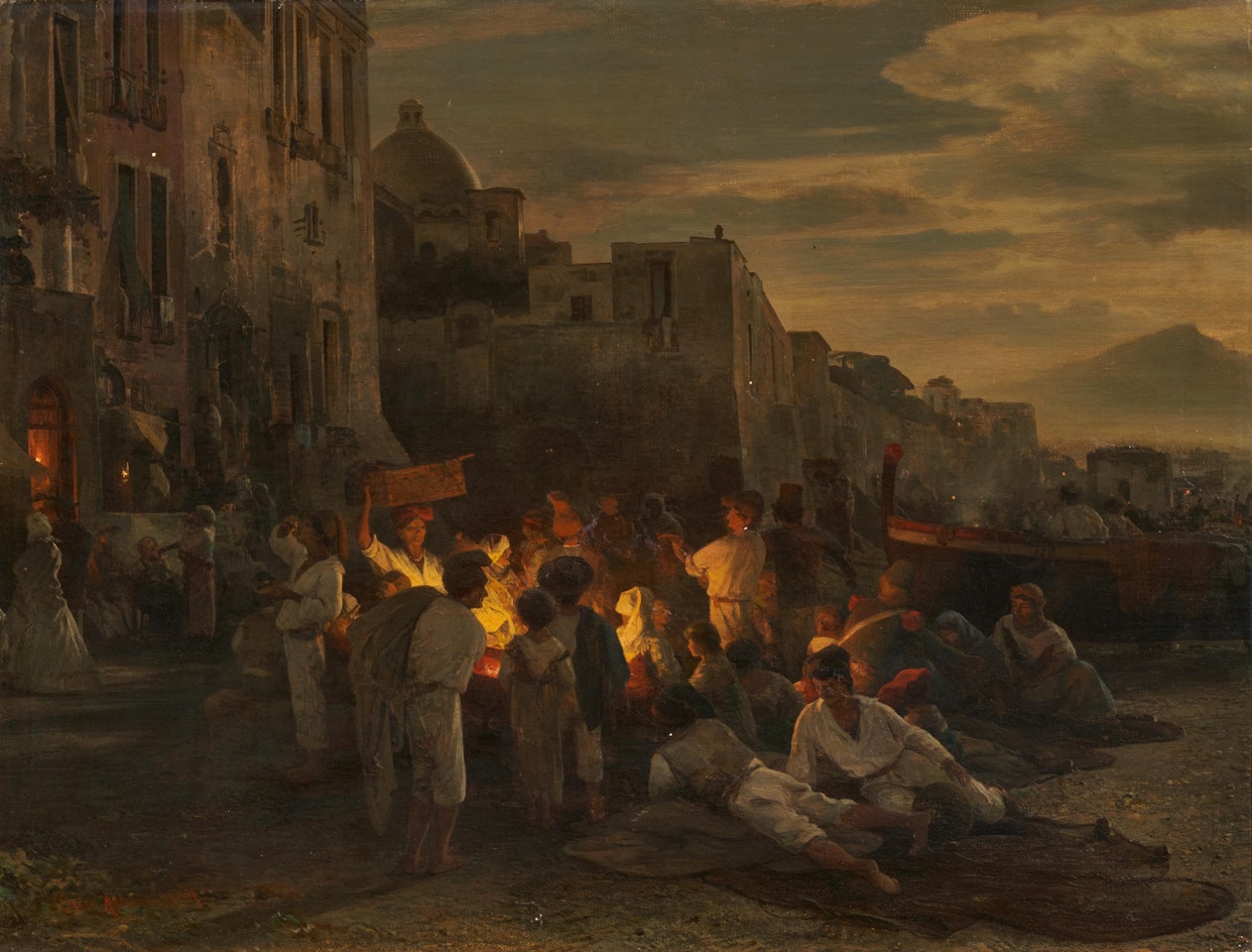 Evening Campfire on the Beach near Naples. by Oswald Achenbach