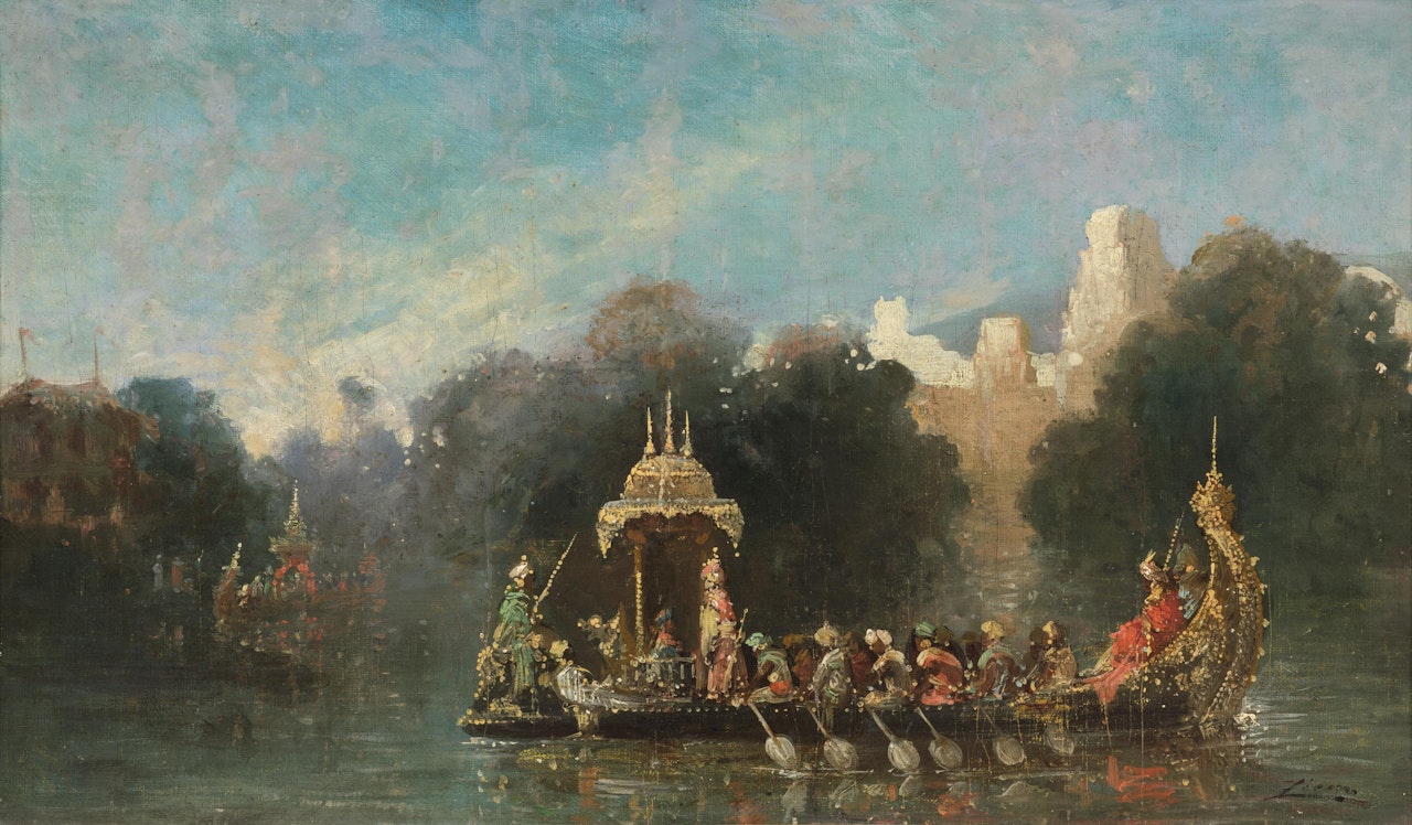 Thai Princely Barge in Front of an Ancient Temple Complex by Félix Ziem