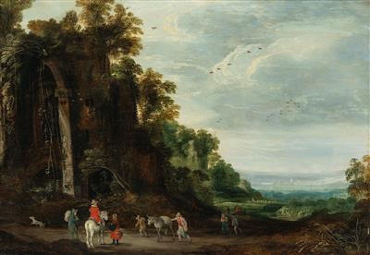 A wooded landscape with a rider conversing with peasants near an overgrown castle by Joos de Momper the Younger
