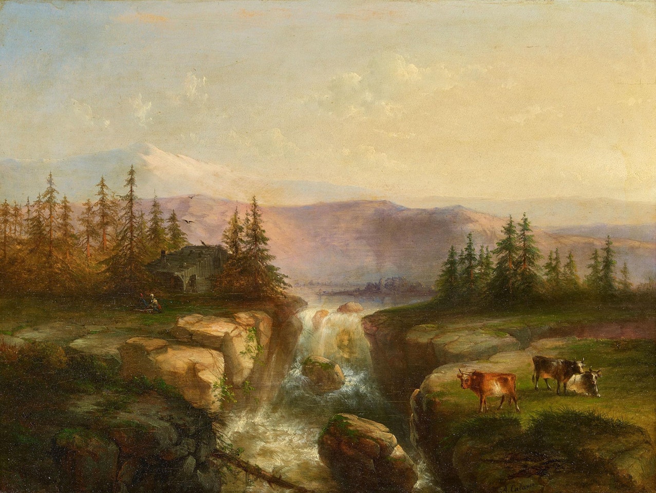 Landscape with waterfall and grazing cows by Alexandre Calame