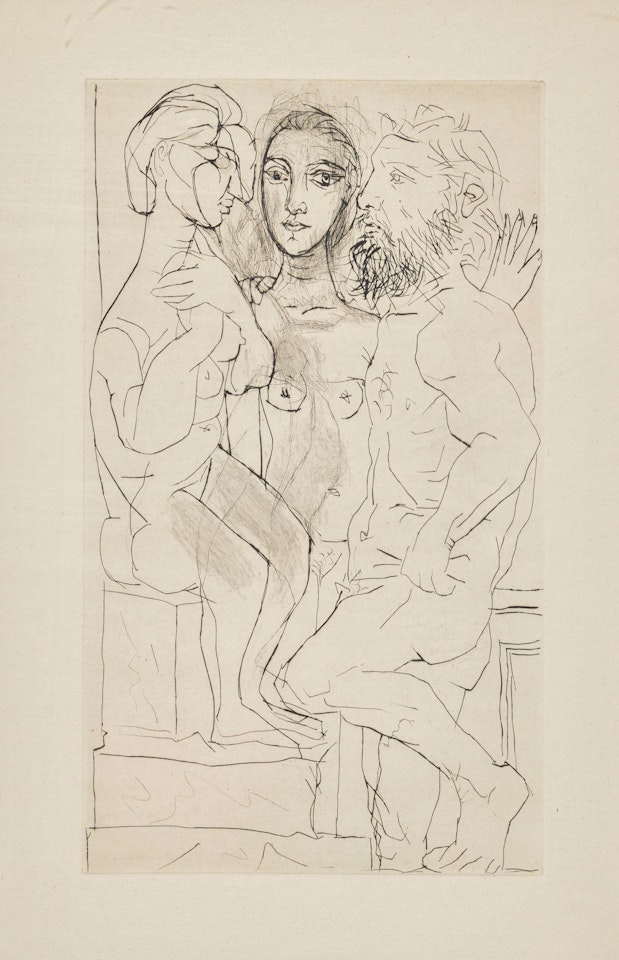 "Sculptor, model and sculpture seated woman" by Pablo Picasso