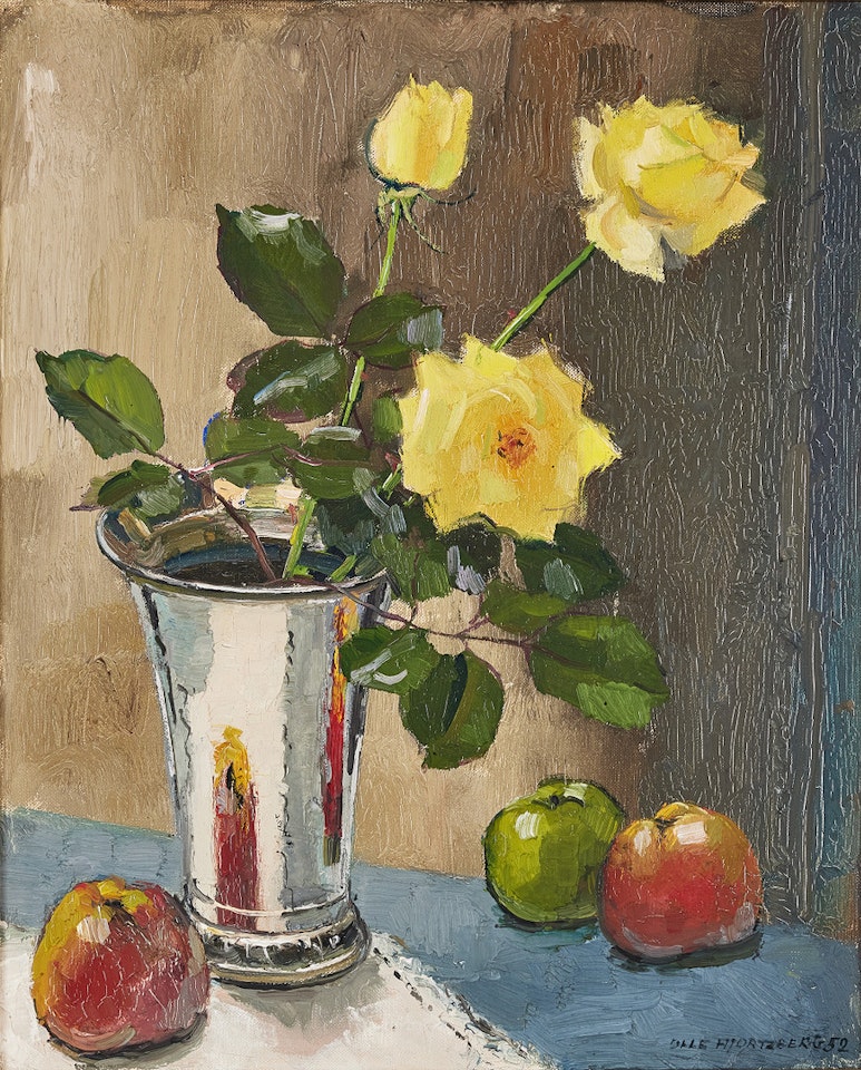 Still life with yellow roses and apples. by Olle Hjortzberg