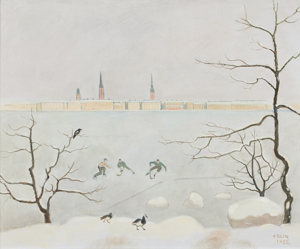 Långholm park with bandy players by Einar Jolin
