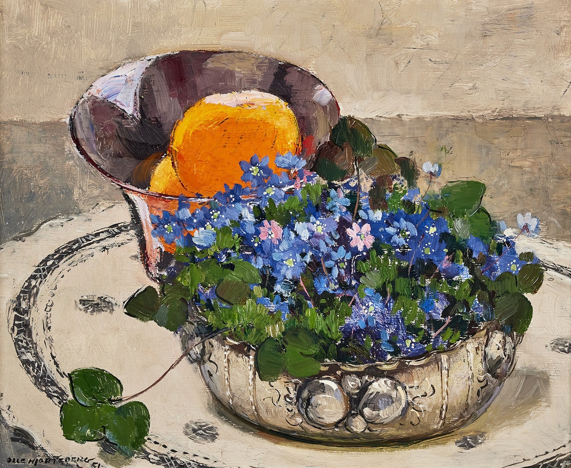 Still life with bluebells and oranges; Still life with blueberries and oranges by Olle Hjortzberg