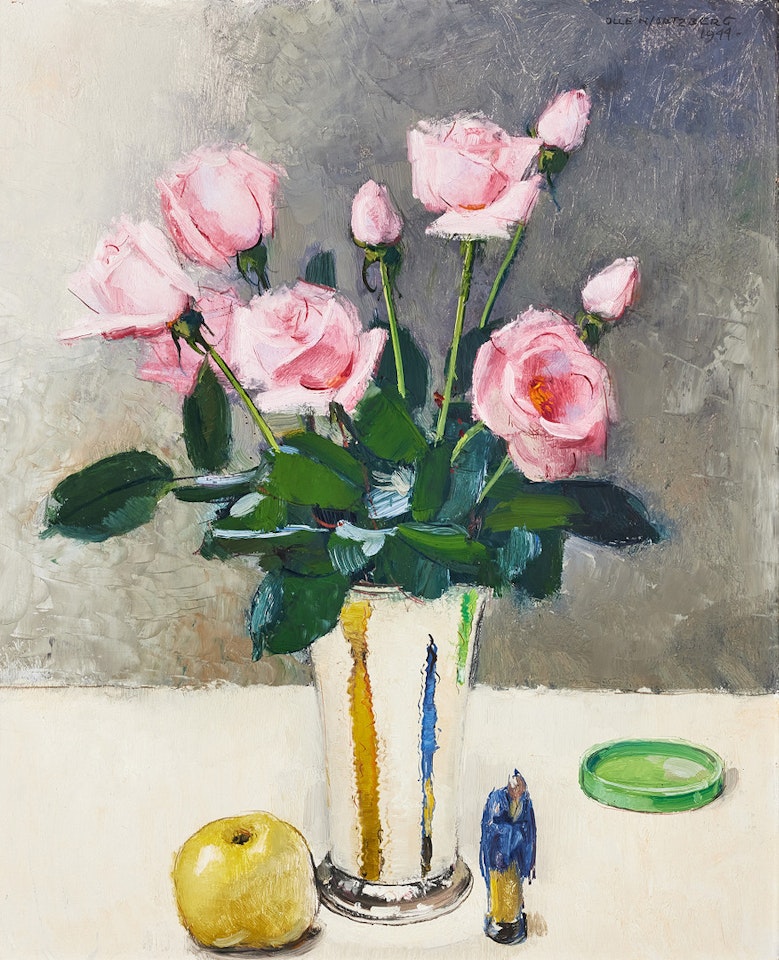 Still life with pink roses in a silver vase; Still life with pink roses in a silver vase by Olle Hjortzberg