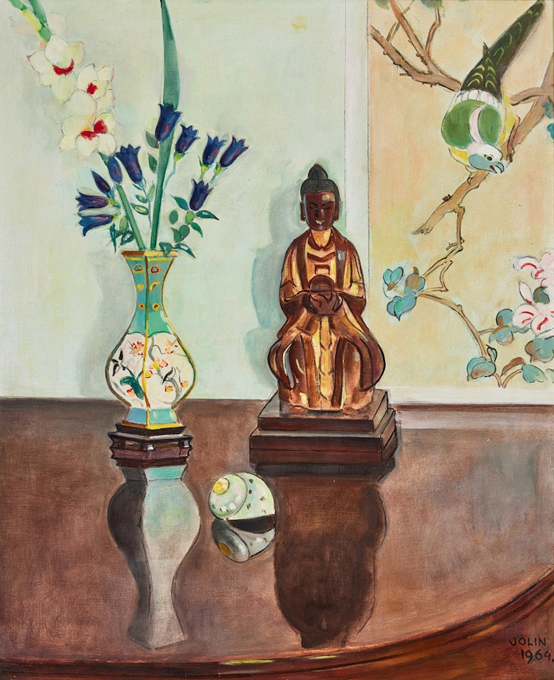 Still life with Buddha, bird and flowers. by Einar Jolin