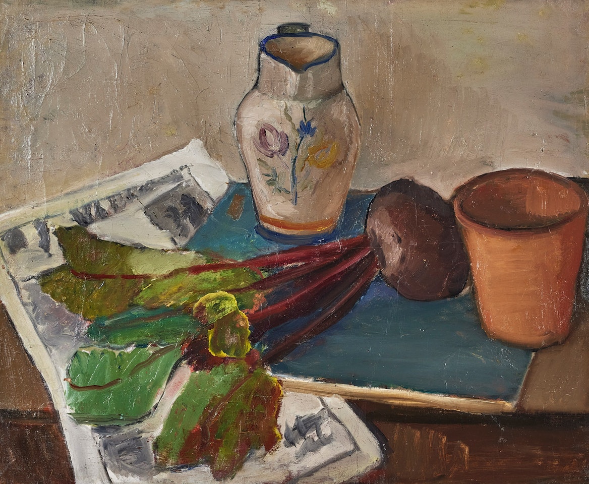 Still life with pot and newspaper. by Ivan Ivarson