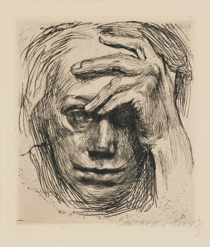 "Self-portrait with the Hand on the Forehead". by Kathe Kollwitz