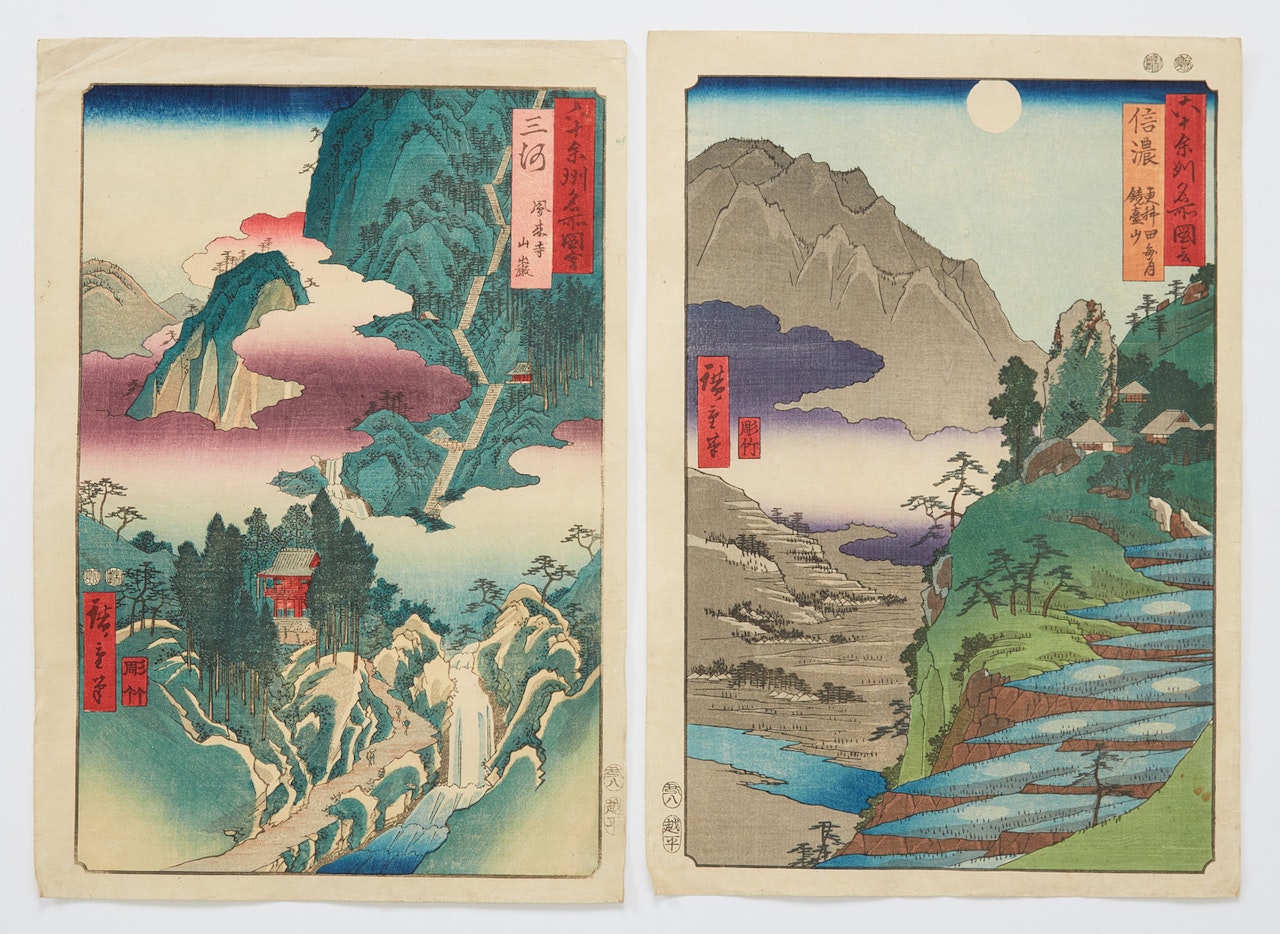 Two woodblock prints from: “Pictures of Famous Places in the Sixty-Odd Provinces” (Rokujuyoshi meisho zue); “Mikawa Province: Horai Temple Mountains” (Mikawa, Horaiji sangam); and “Shinano Province: The Moon Reflected in the Sarashina Paddy-fields, Mount Kyodai” (Shinano, Sarashina tagoto no tuski, Kyodaisan) by Utagawa Hiroshige