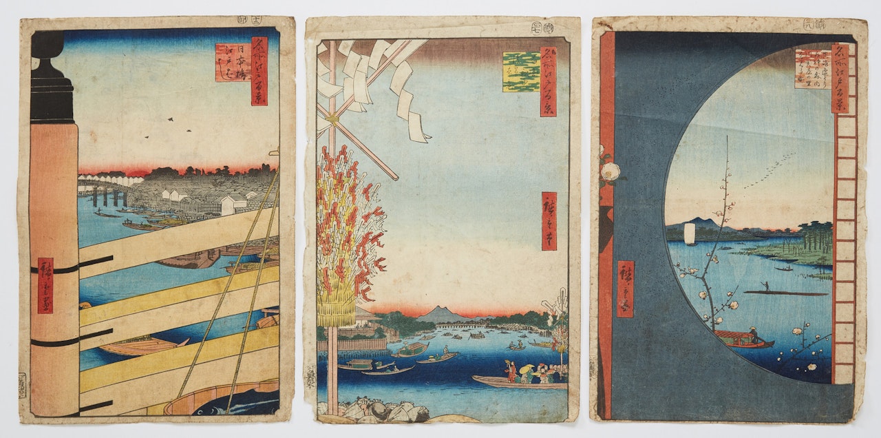 Three woodblock prints from; “One Hundred Famous Views of Edo” (Meisho Edo hyakkei). “Asakusa River, Great Riverbank, Miyato River” (Asakusagawa Kawabata Miyatogawa); Nihonbashi Bridge and Edobashi Bridge” (Nihonbashi Edobashi) “View from Massaki of Suijin Shrine, Uchigawa Inlet, and Sekiya” (Massaki-hen yori Suijin no mori Uchigawa Sekiya no sato o miru zu) by Utagawa Hiroshige
