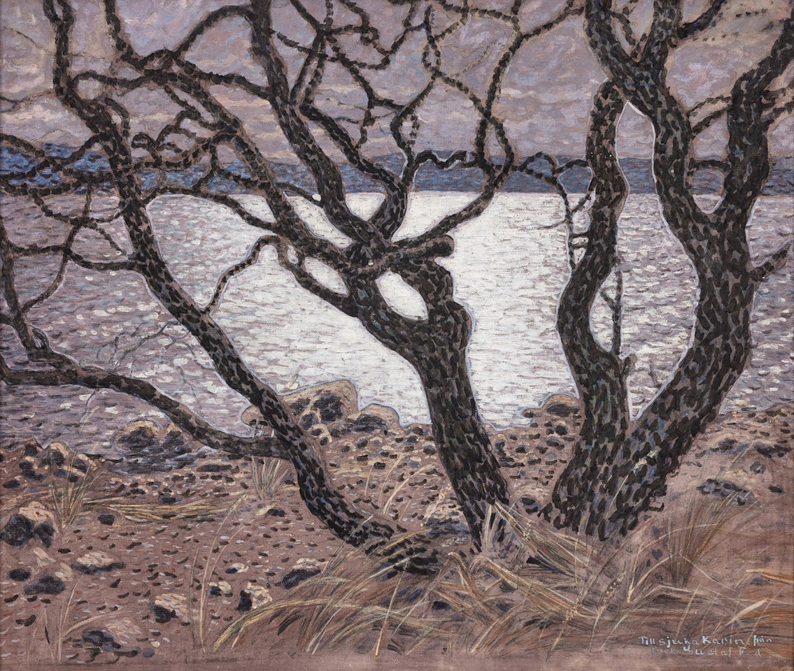 Trees by lake in backlight. by Gustaf Fjaestad