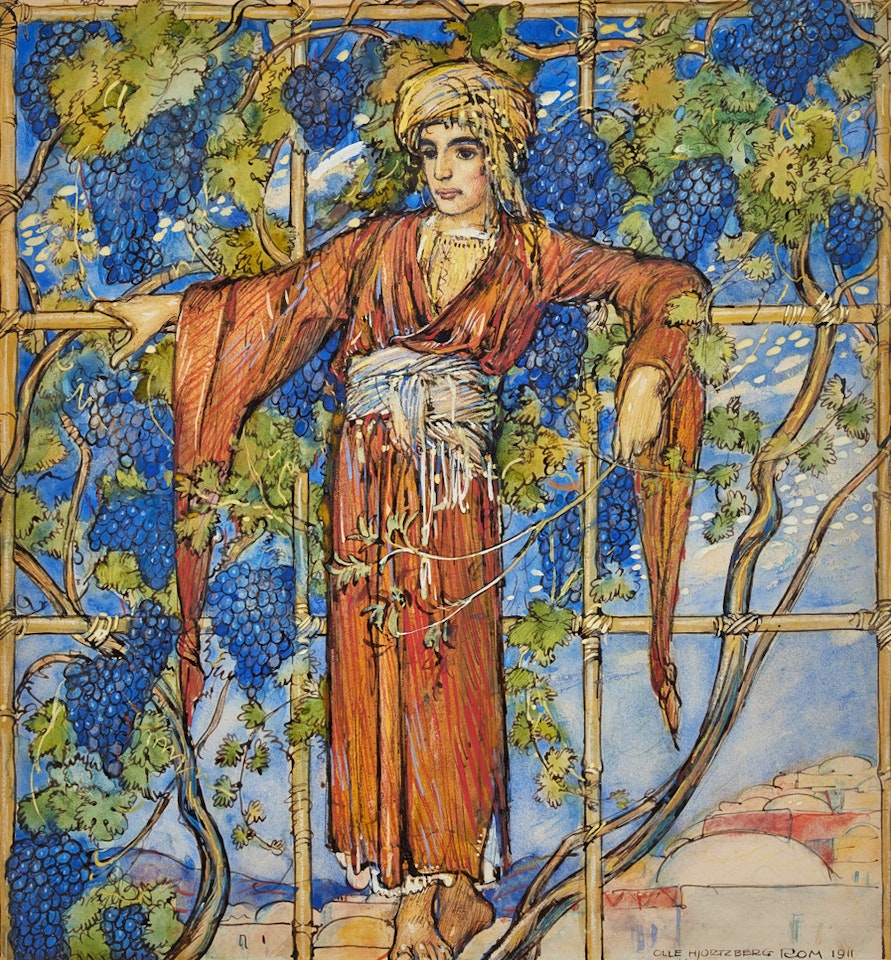 Yngling among bunches of grapes. by Olle Hjortzberg