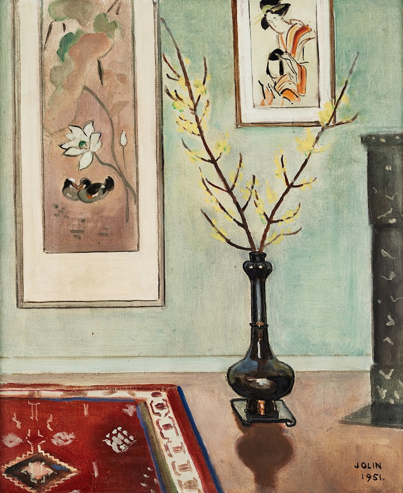 Still life with yellow twig in vase by Einar Jolin
