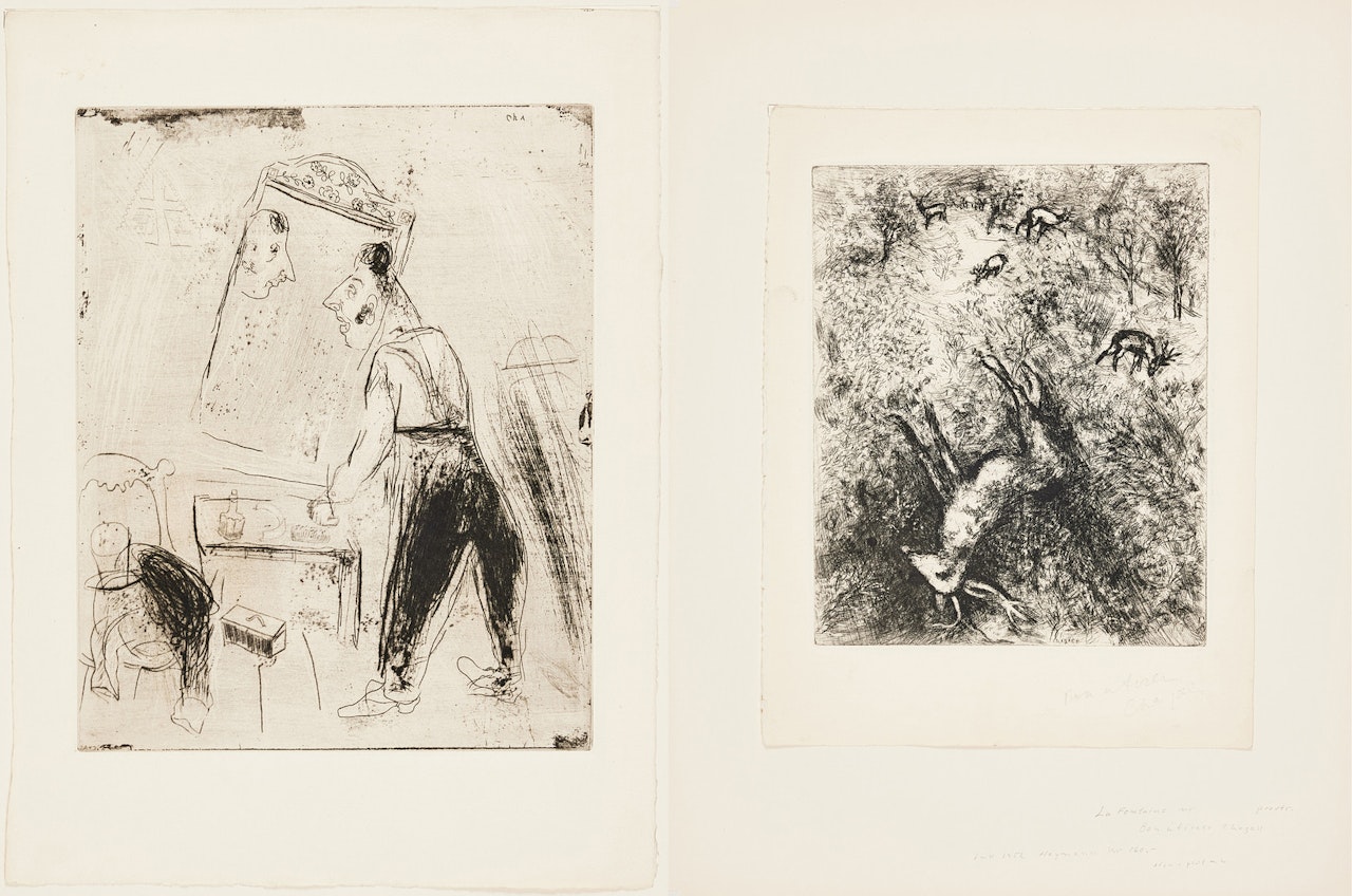 La toilette de Tchitchikov (from: Les Ames Mortes); Le Cerf malade (from: Les Fables de La Fontaine). by Marc Chagall