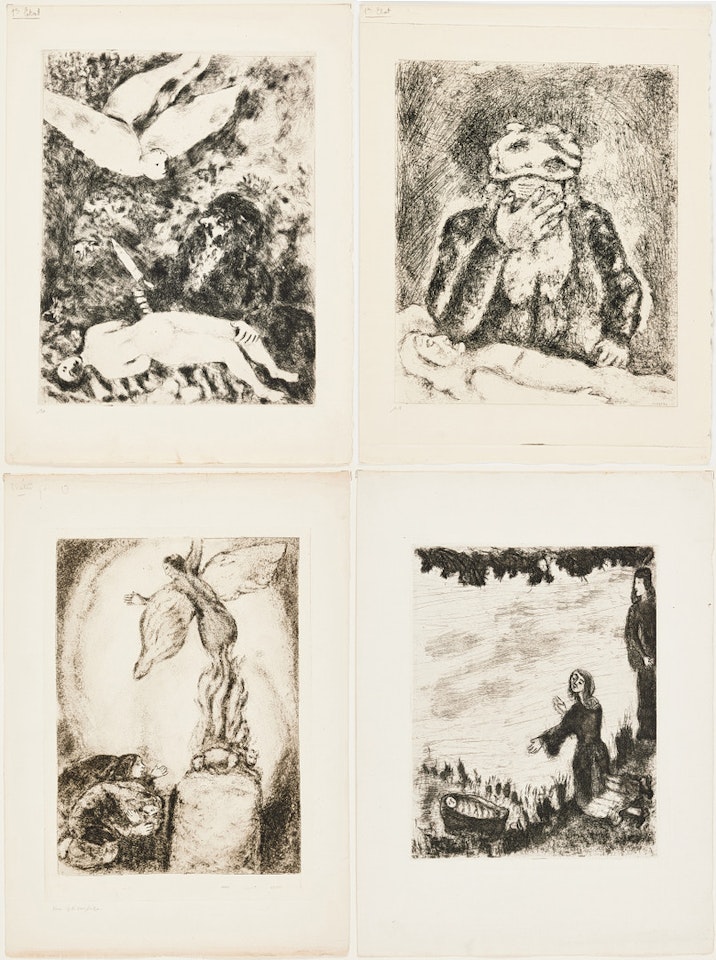 Le sacrifice d"Abraham; Abraham pleurant Sara; Joseph et ses frères; Moïse sauvé des eaux; Sacrifice de Manoah (from: La Bible, Pl. 10, Pl. 12, Pl. 18, Pl. 26, Pl. 53). by Marc Chagall